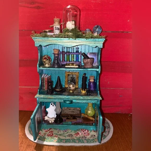 Miniature Teal Curio Cabinet with Halloween Decor - Picture 1 of 4
